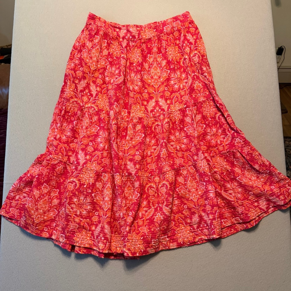 Soft Surroundings Boho Paisley Tiered Midi Skirt Red Pink Women Size PM
